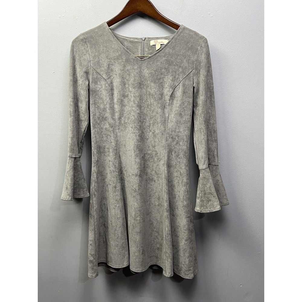 Aryeh Dress Womens Small Gray Faux Suede Bell Sleeve V-Neck‎ Fit & Flare Mini